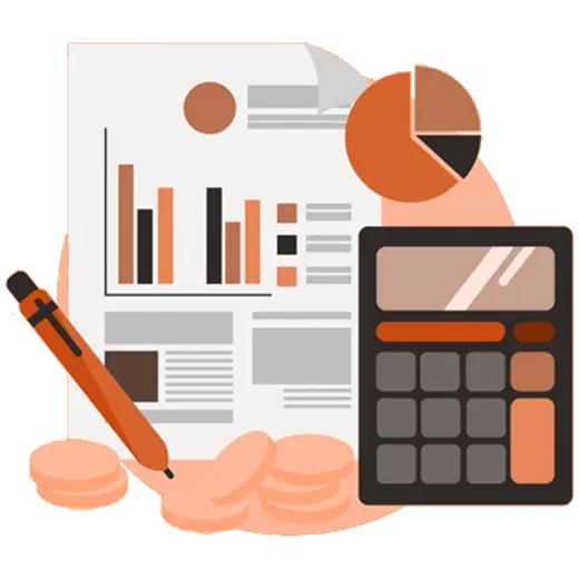 Calgary bookkeeping services illustration with financial reports, charts, and calculator