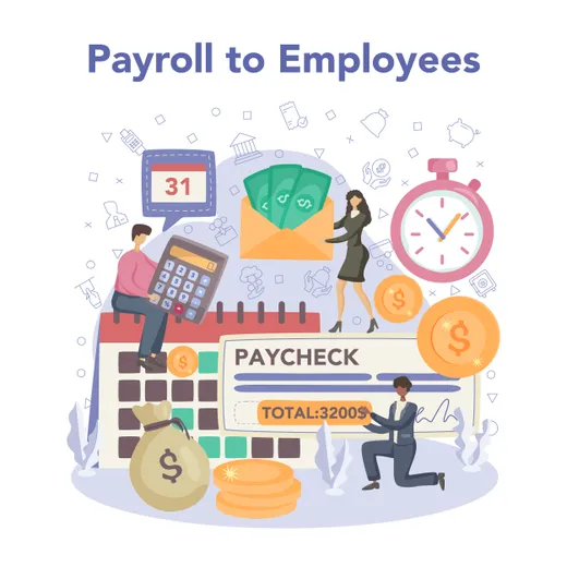 Calgary payroll and GST services illustration with paycheck, calendar, and source deductions