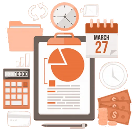 Calgary personal tax preparation illustration with calendar, calculator, and T1 documents